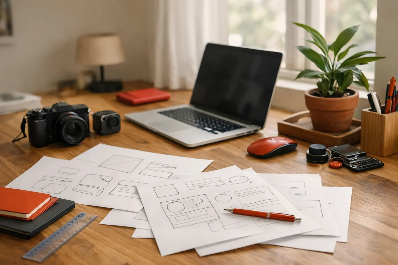 Local product studio desk with sketches, camera hardware, laptop, and warm daylight.