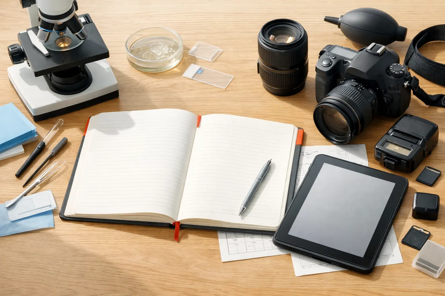 Editorial camera guides desk with microscope, notebook, camera hardware, and blank writing surfaces.