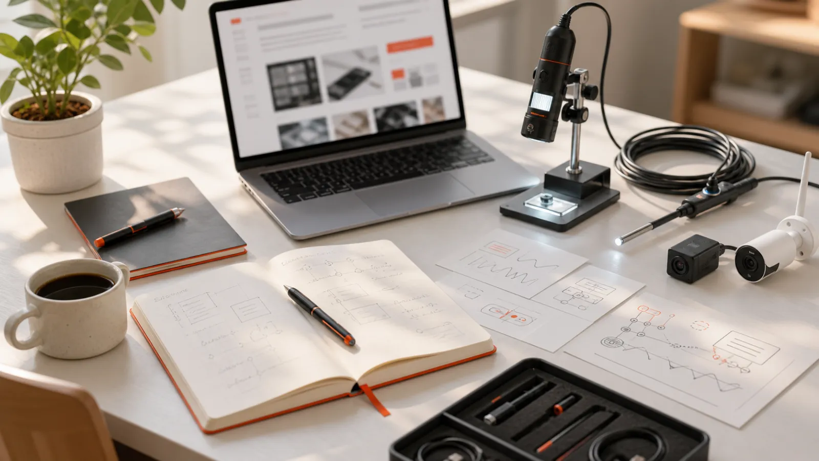 Editorial camera workflow guide desk with notebook, laptop, microscope camera, endoscope probe, RTSP camera module, and diagram cards.