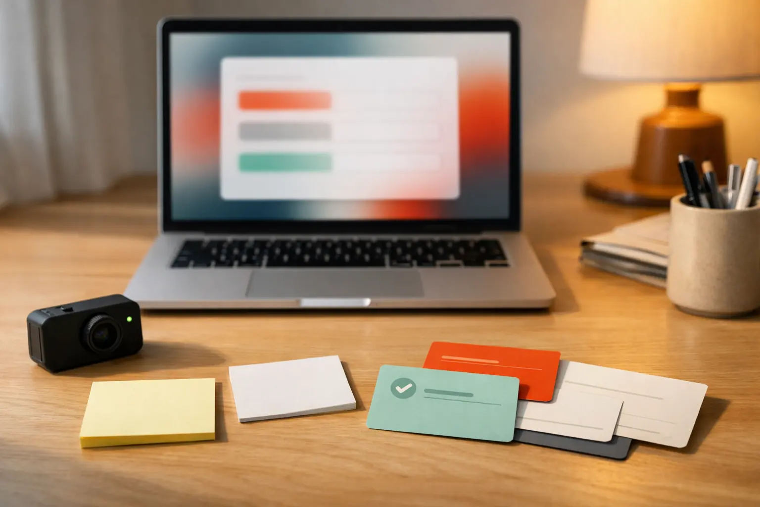 Feedback intake workspace with MacBook, compact camera device, blank cards, and private support notes.