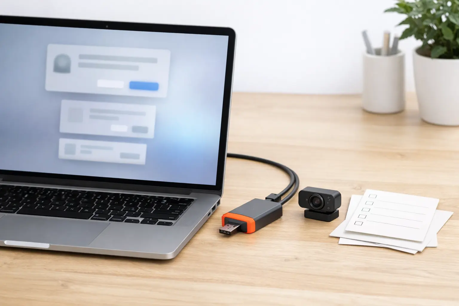 macOS setup desk with a MacBook, USB camera hardware, adapter, and blank compatibility checklist cards.