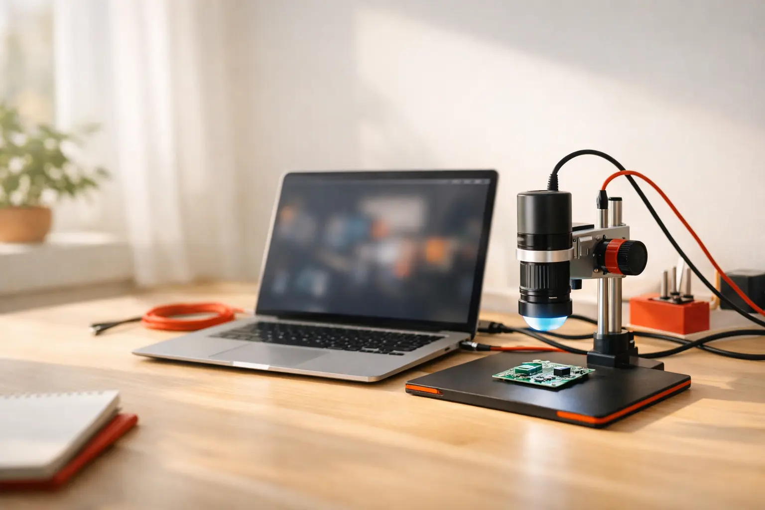 Clean local-first camera inspection workbench with a MacBook and compact microscope camera.