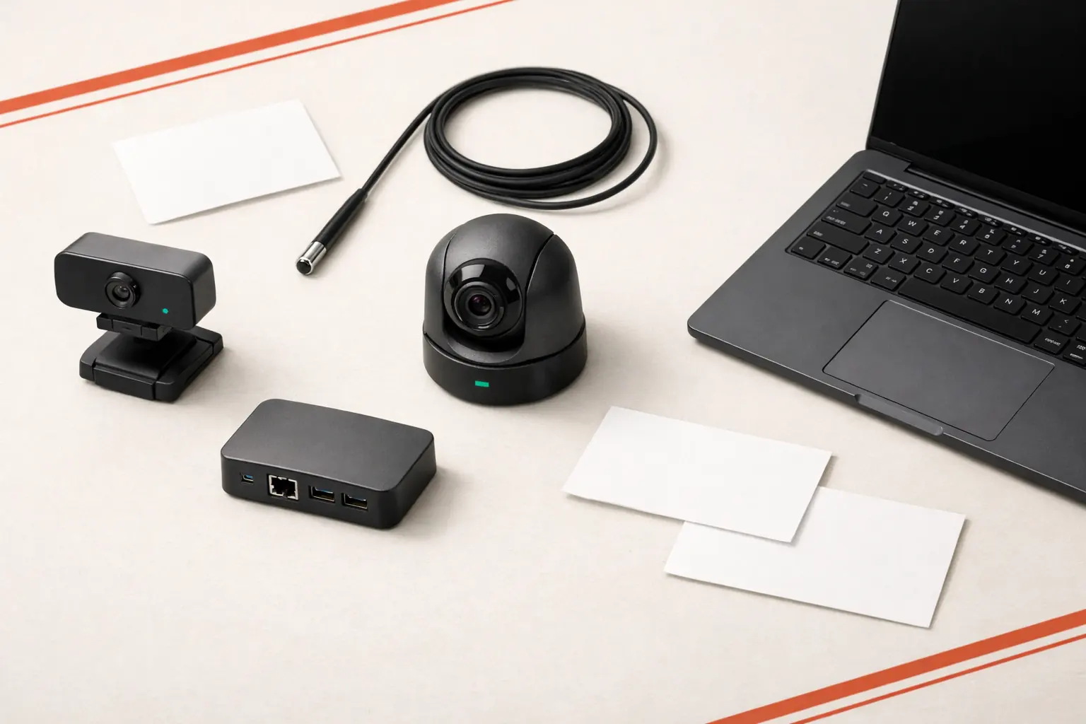 Modular camera tools, adapter hardware, blank product cards, and laptop arranged as a clean product catalog.