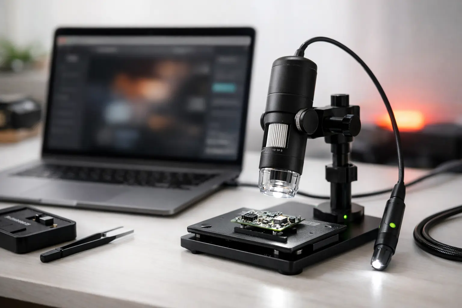 ScopeDock inspection station with a USB microscope, probe camera, and MacBook workspace.