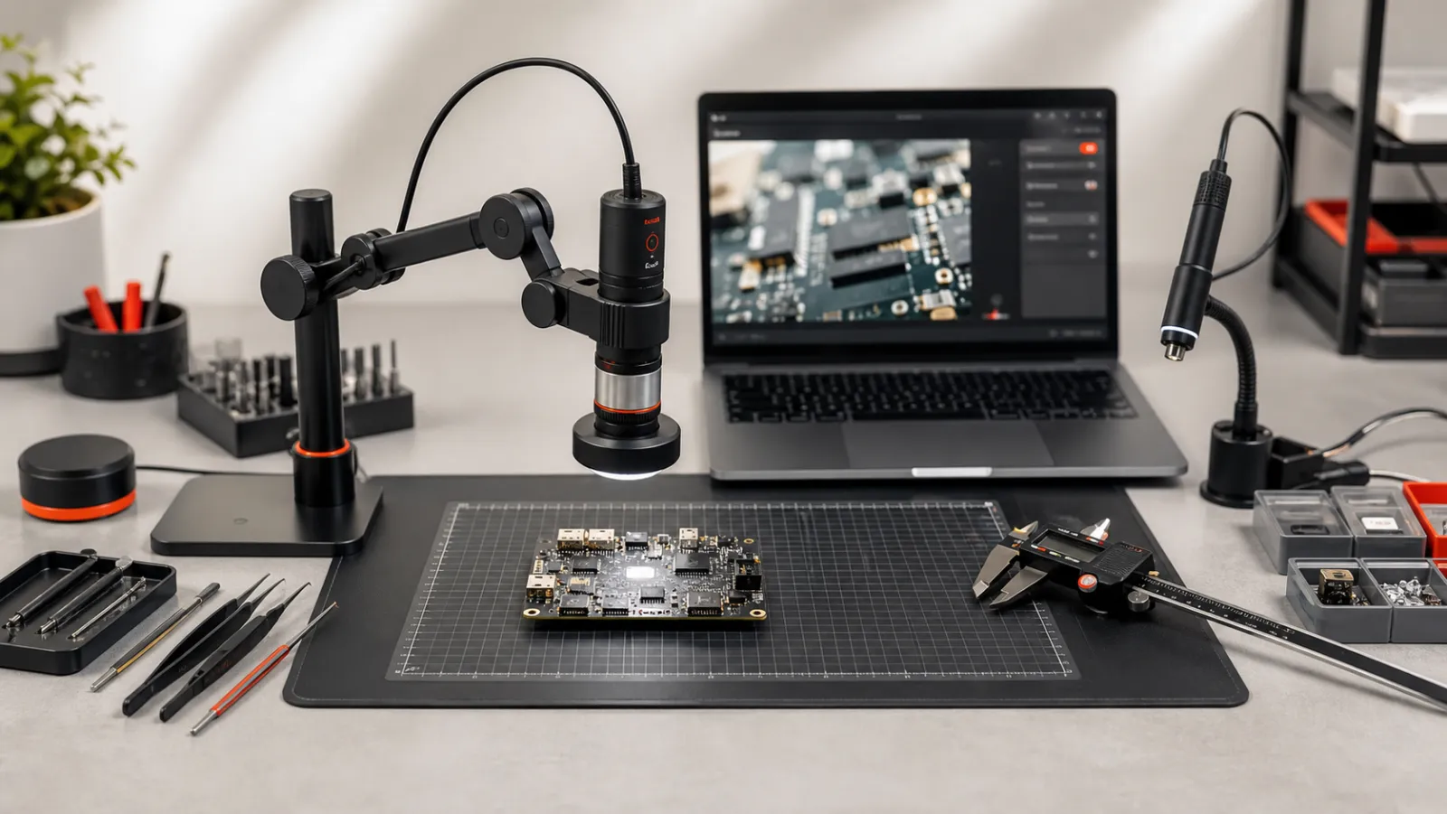 Electronics repair inspection bench with a microscope camera, probe camera, laptop preview, tools, and PCB.