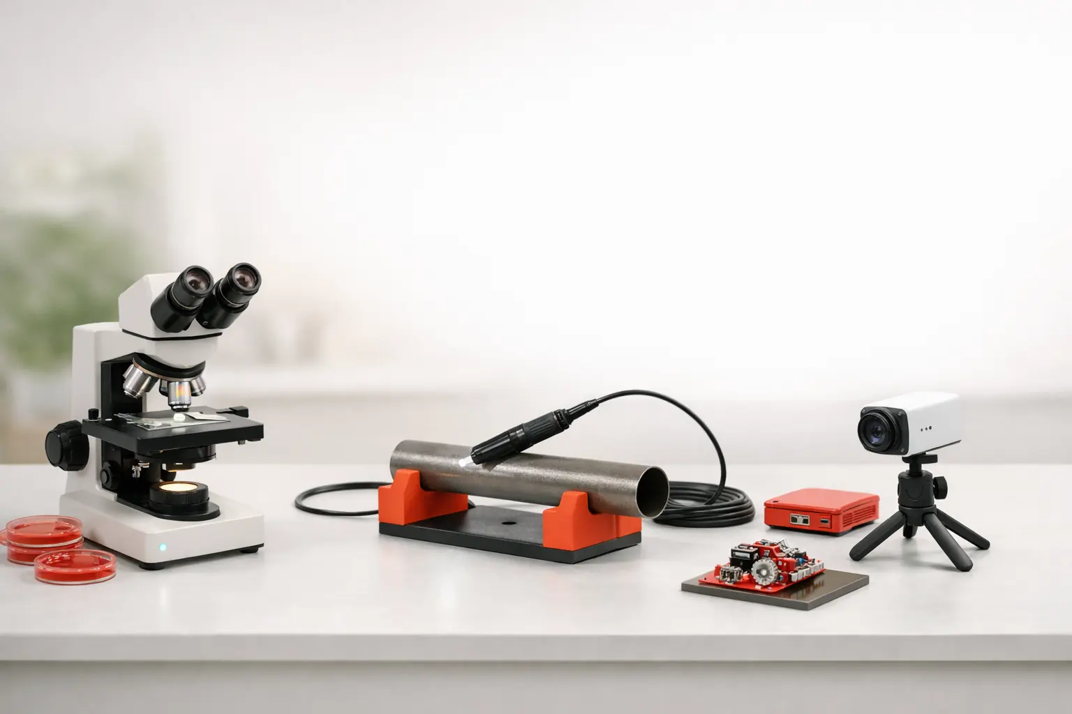 Three-zone inspection use case bench with microscope, endoscope probe, and compact network camera.