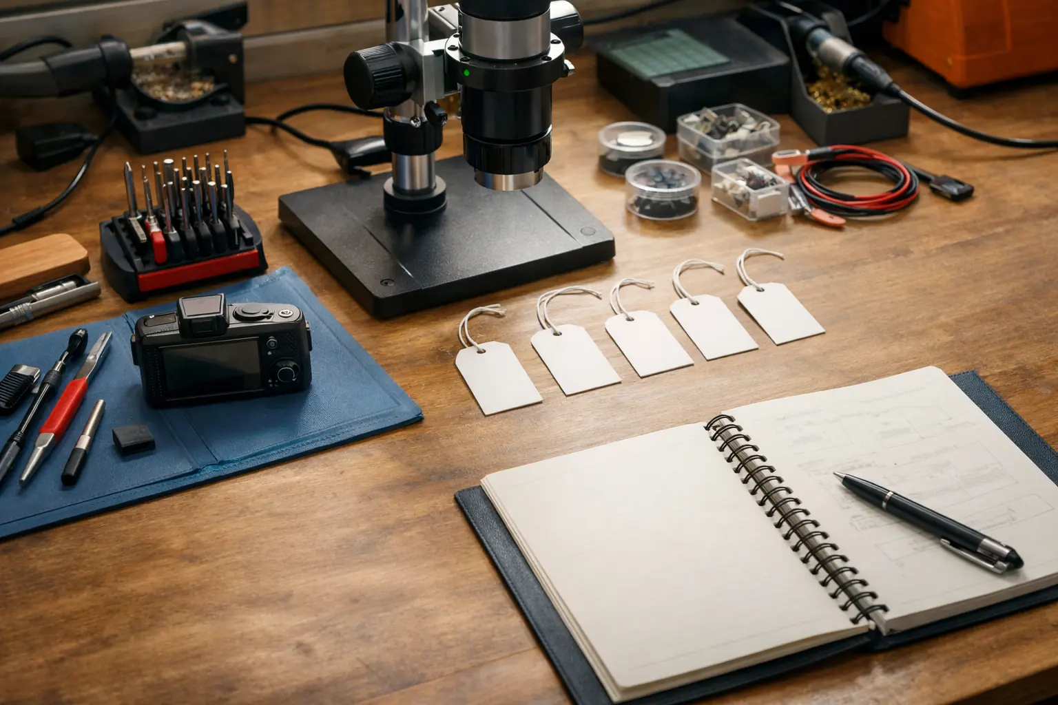 Repair and inspection support bench with camera tools, microscope stand, blank tags, and troubleshooting notebook.