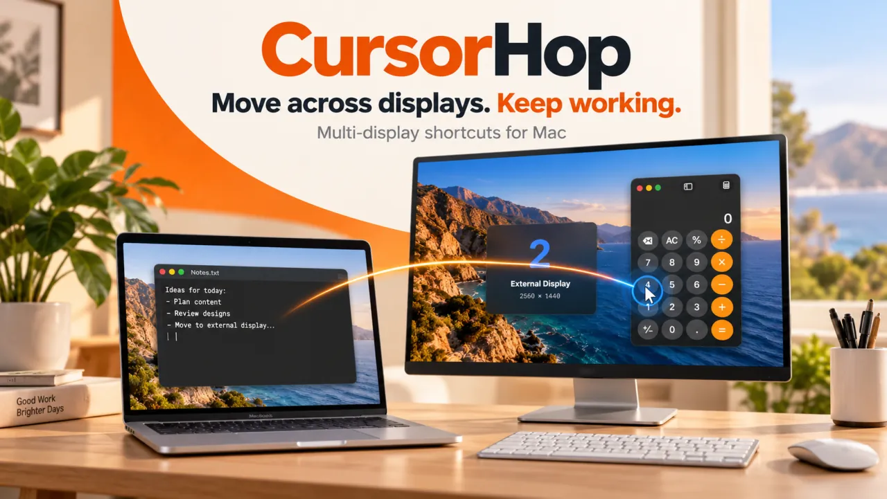 CursorHop promotional composite of a MacBook and external display with a cursor locator.