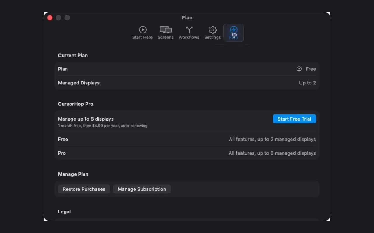 CursorHop Free and Pro plan comparison in the actual macOS app.