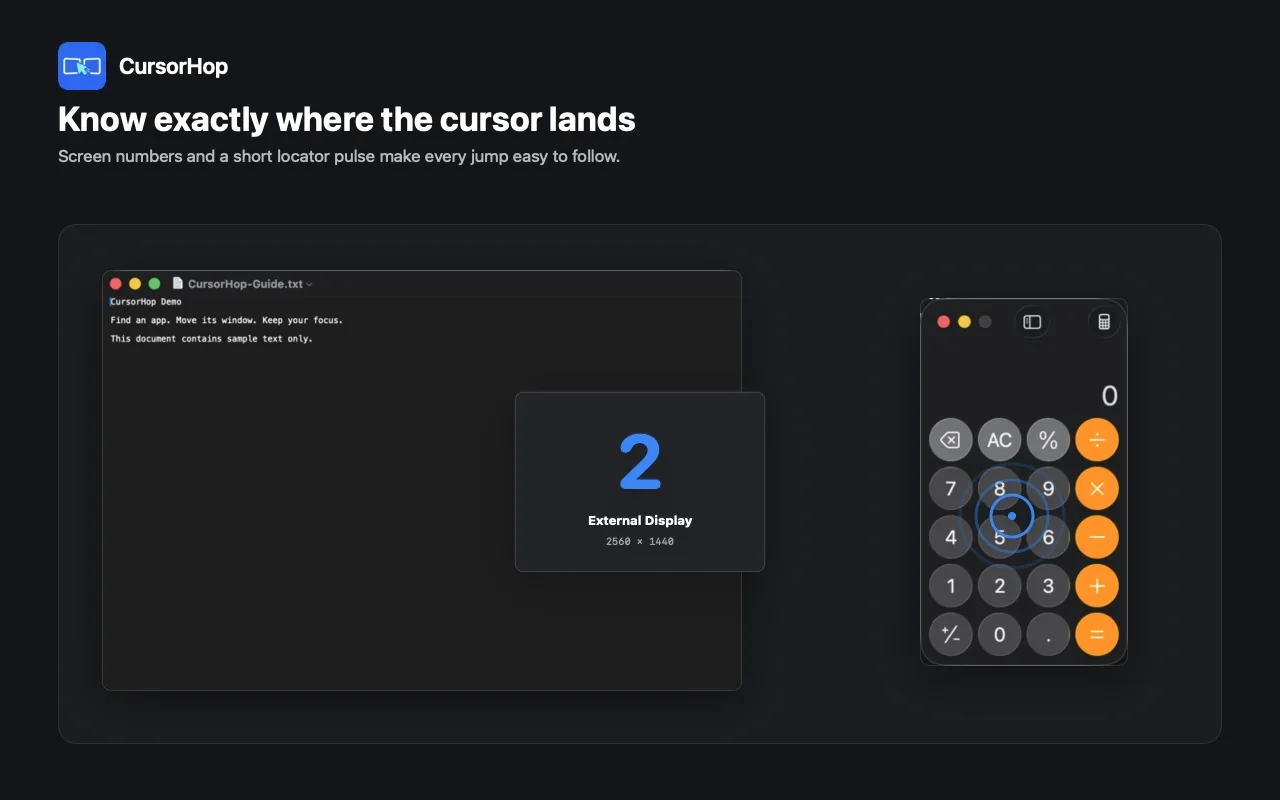 CursorHop showing a numbered screen overlay and cursor locator pulse on macOS.