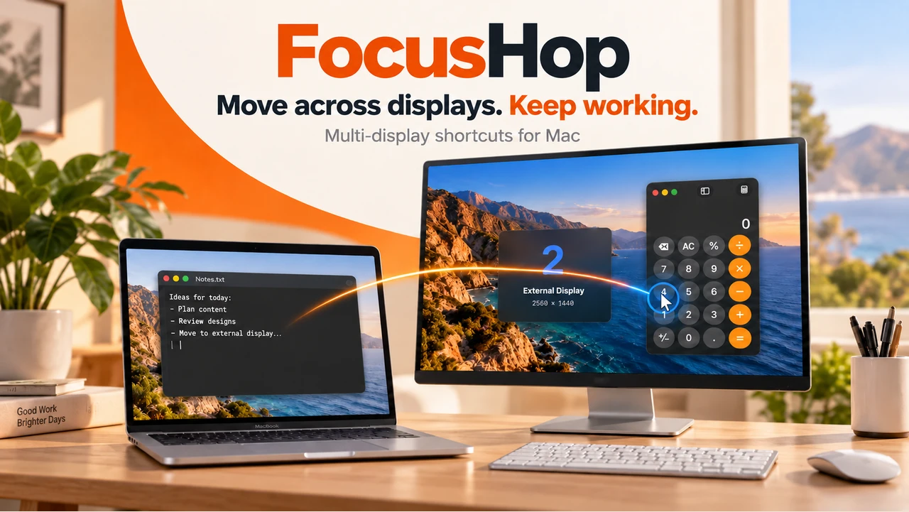 FocusHop promotional composite of a MacBook and external display with a cursor locator.