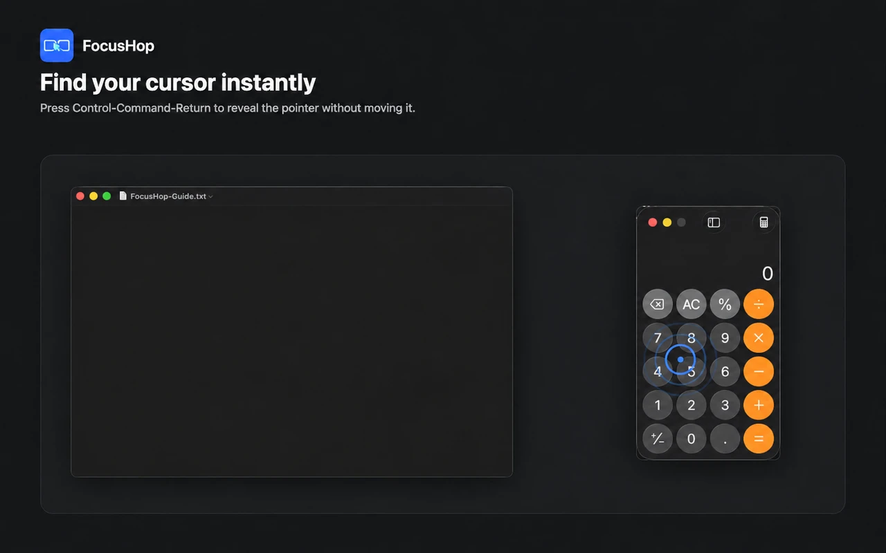 FocusHop Find Cursor pulse revealing the pointer over a Calculator window.