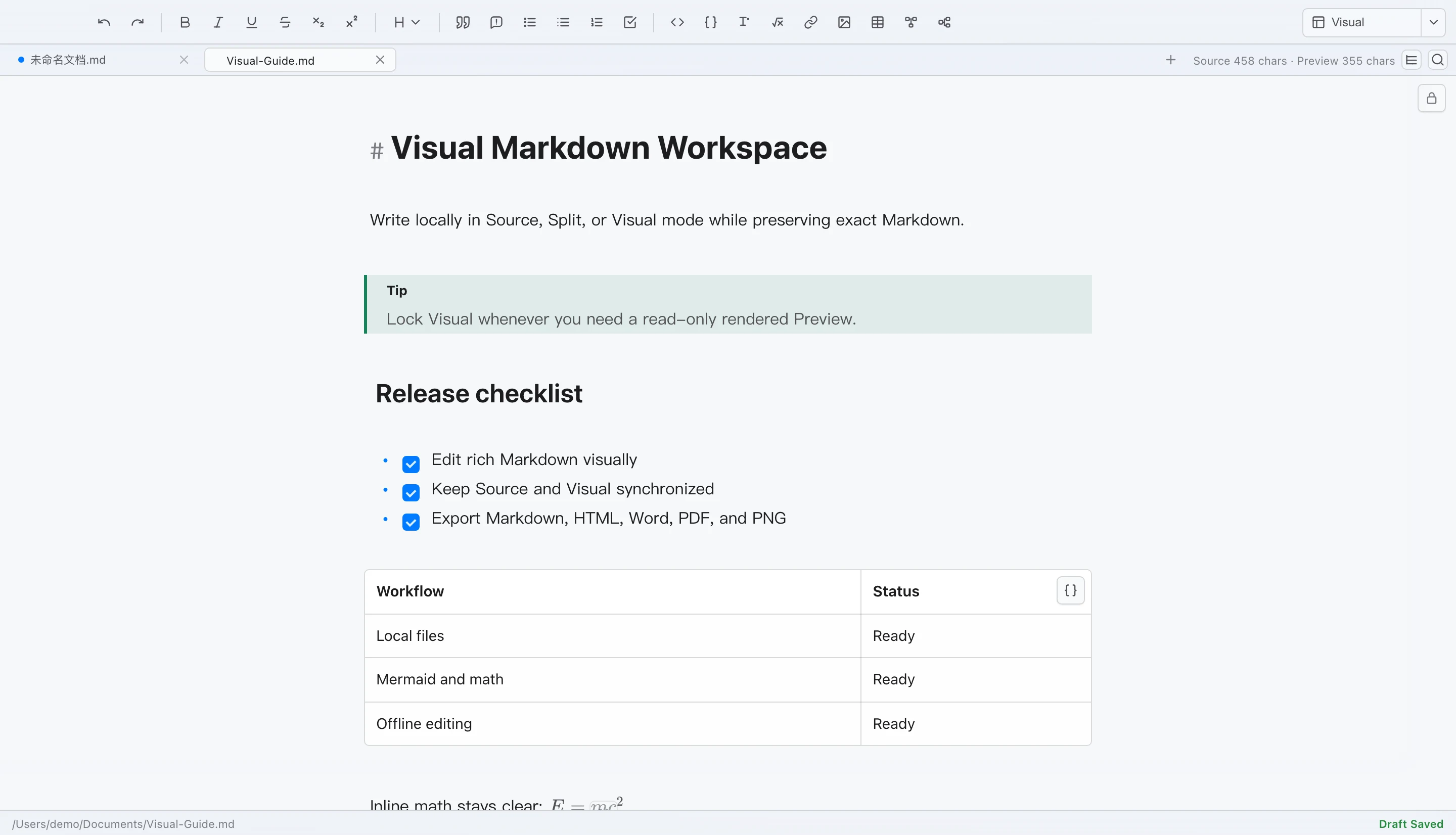 LoveMarkDown 1.2 showing an editable Visual Markdown document with a callout, task list, table, math, and Preview lock on macOS.