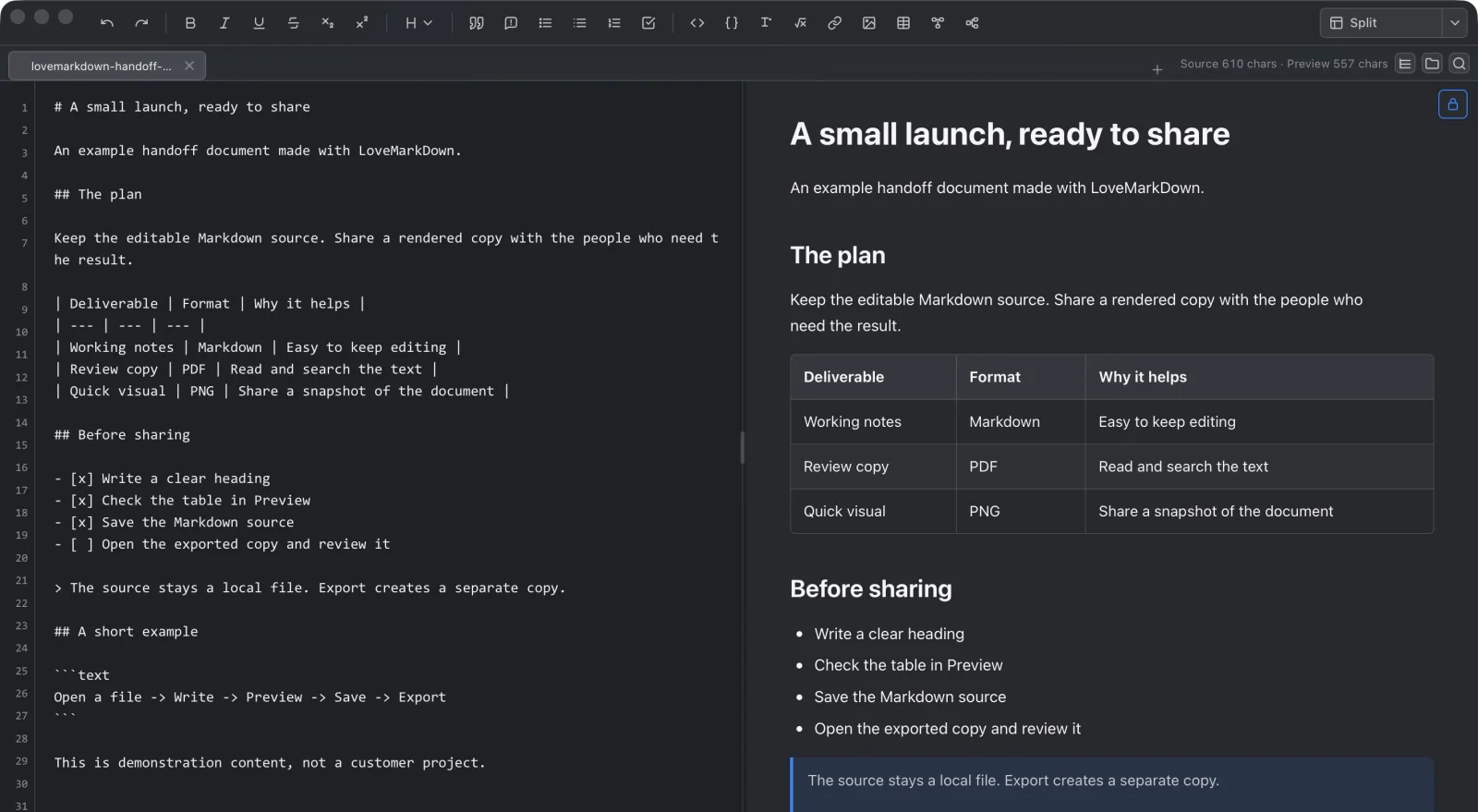 LoveMarkDown Split view with the public handoff sample's Markdown source and its rendered heading and table.