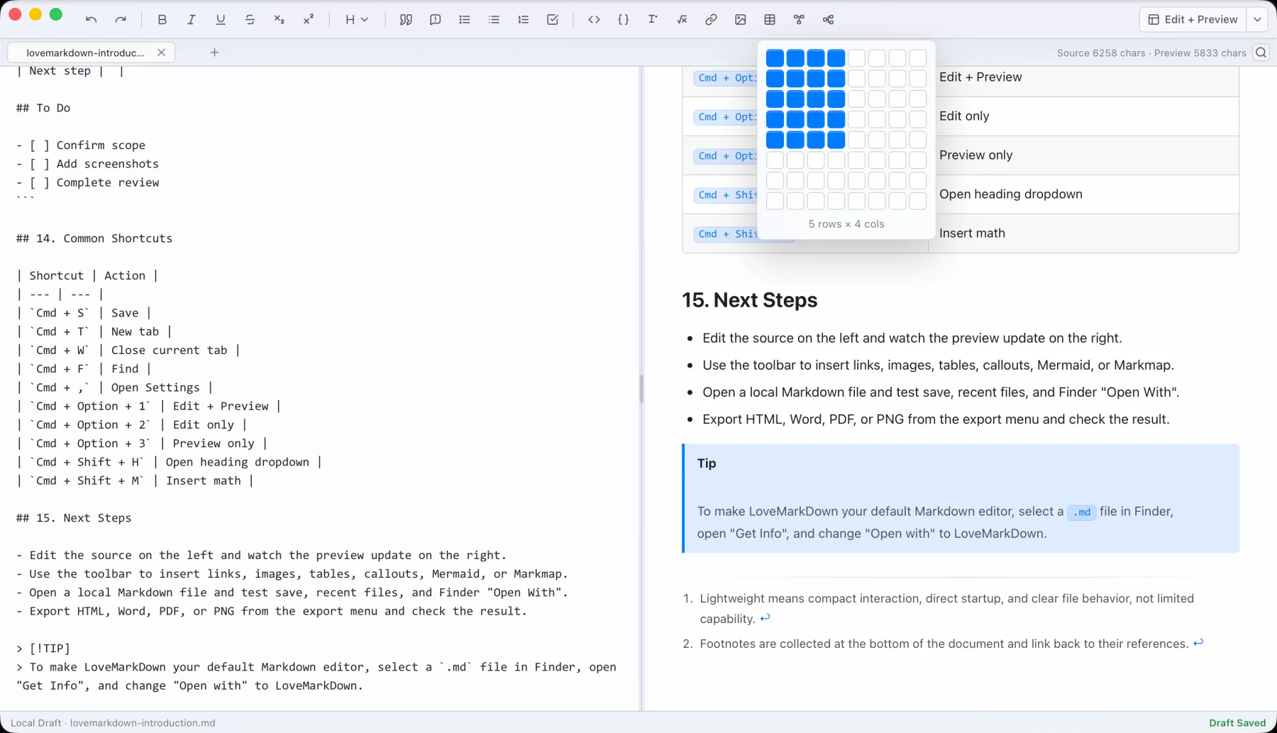 LoveMarkDown light mode table picker and Markdown editing surface.