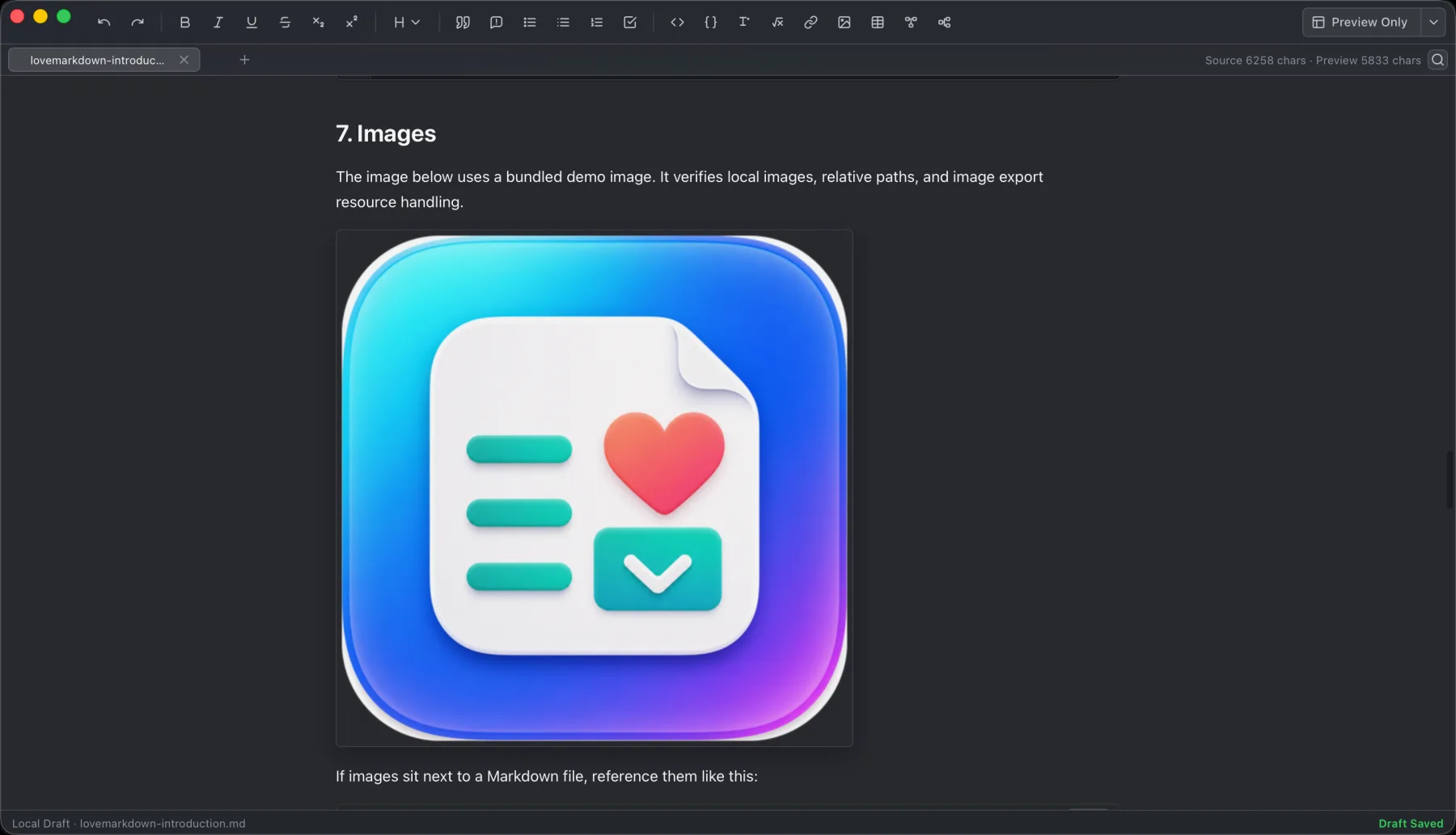 LoveMarkDown previewing relative local image assets in a Markdown document.