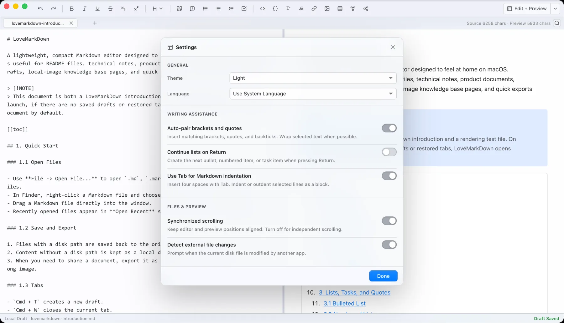 LoveMarkDown settings and preferences screen on macOS.
