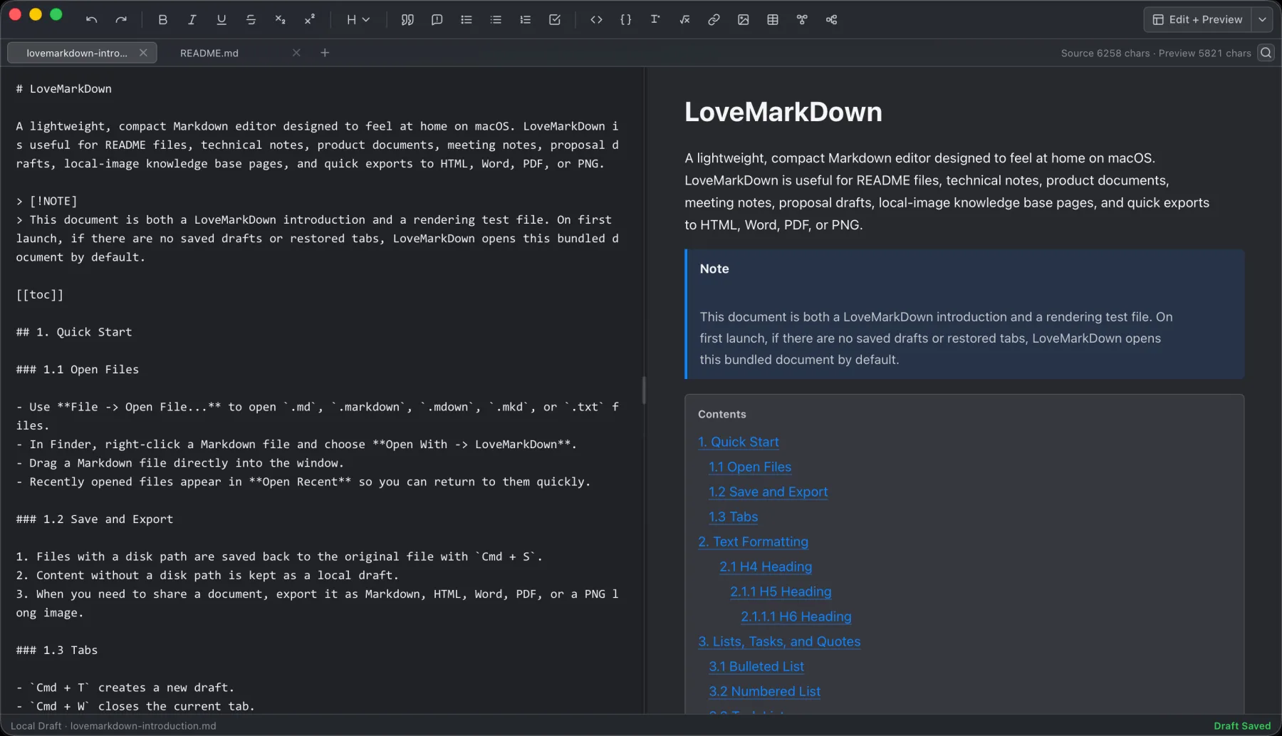 LoveMarkDown macOS Markdown editor in dark mode with table of contents and live preview.