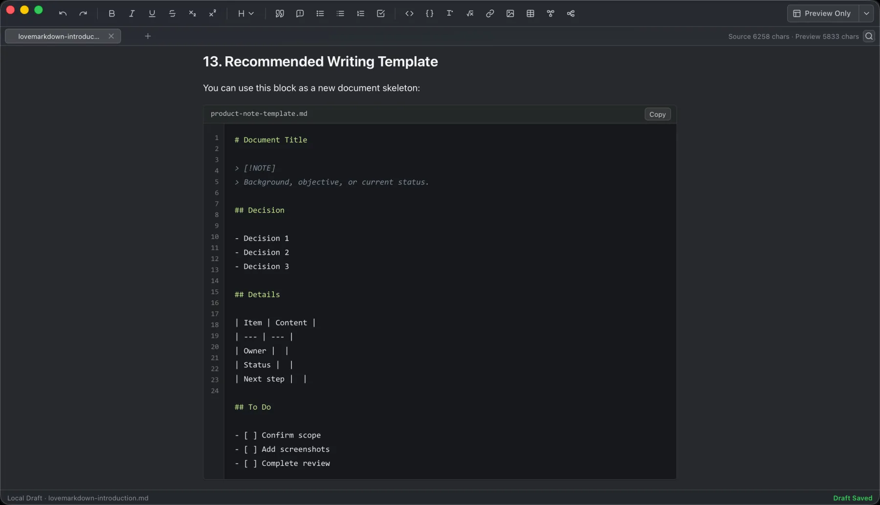 LoveMarkDown writing template with Markdown editor and preview on macOS.
