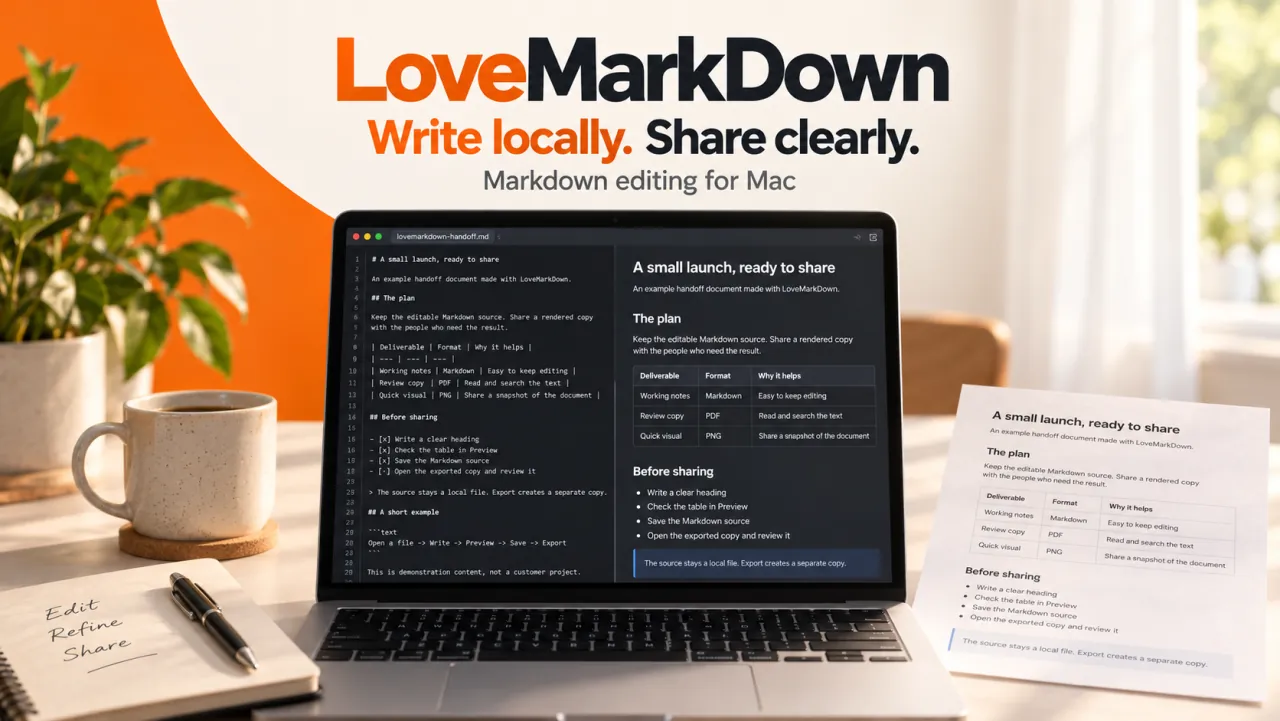 LoveMarkDown promotional composite of a MacBook writing workspace and document output.