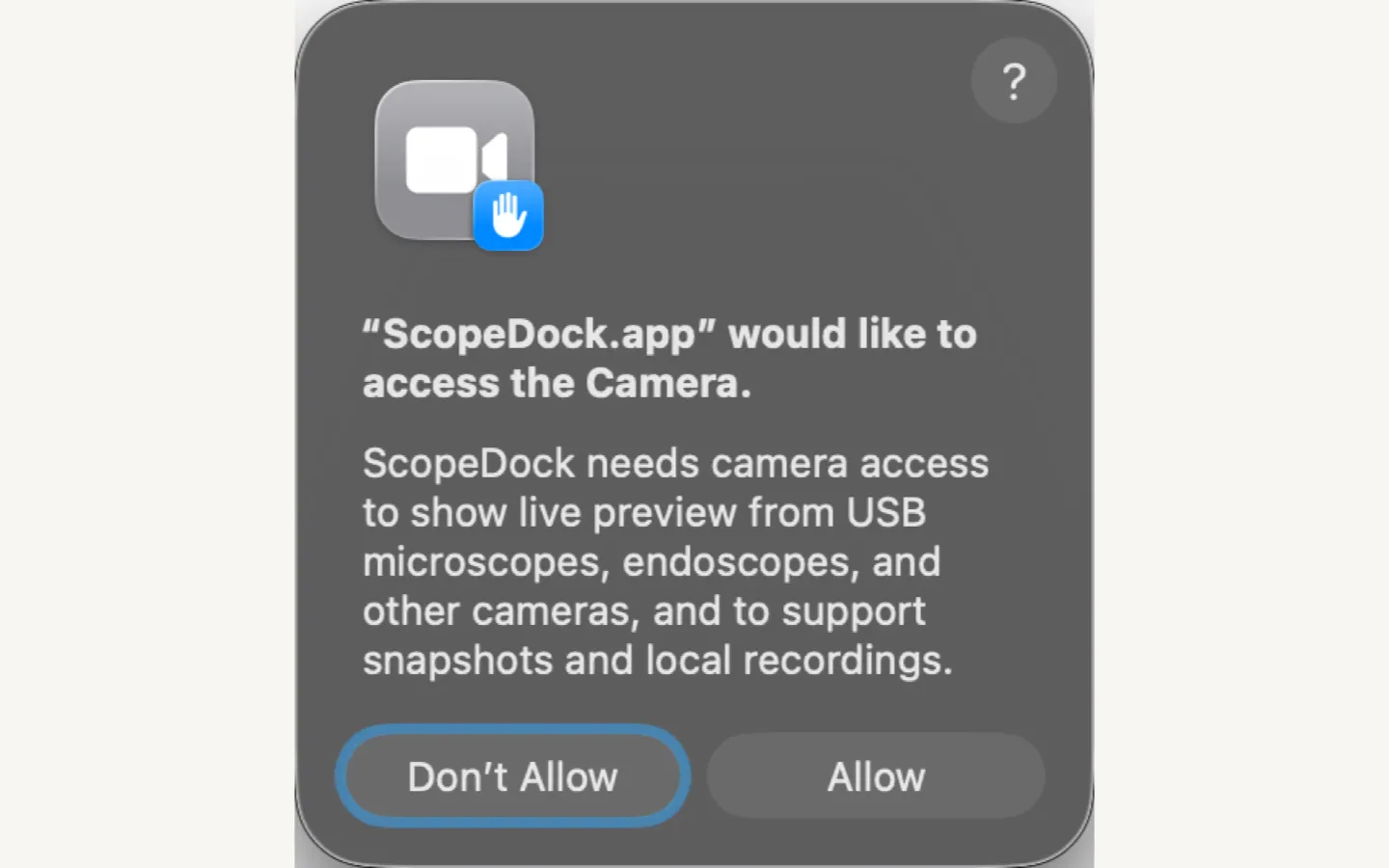 ScopeDock release first-run and permission screen.