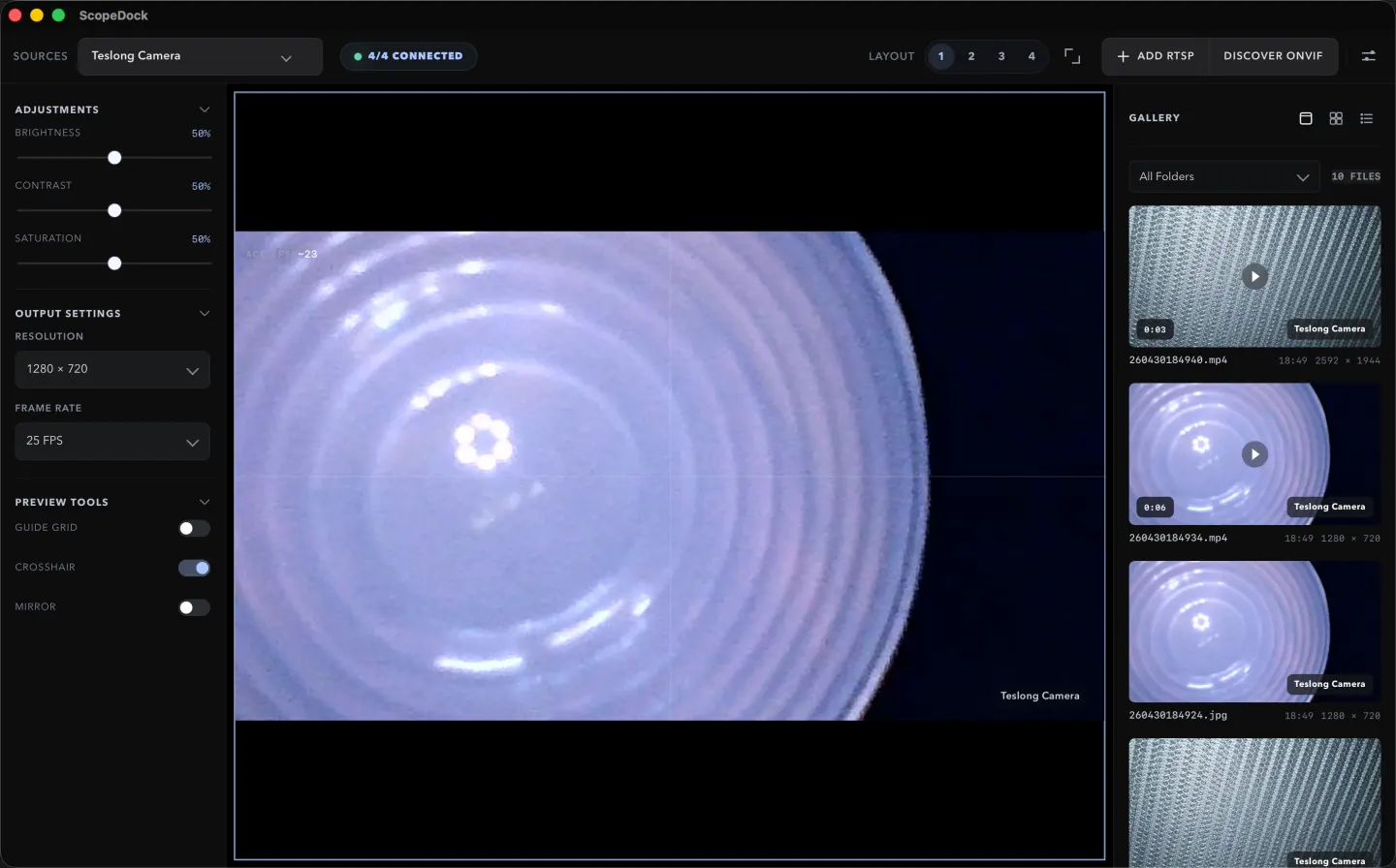 ScopeDock local camera inspection workflow on macOS.
