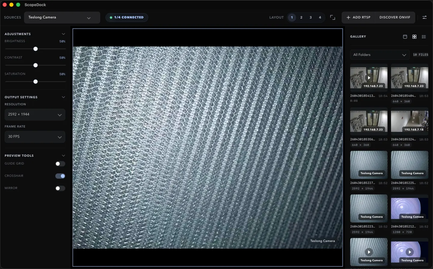 ScopeDock release workflow screenshot showing camera preview, controls, and capture history.