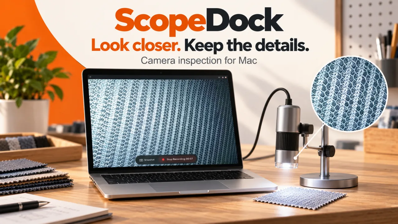 ScopeDock promotional composite of a USB fabric-inspection workbench and MacBook.