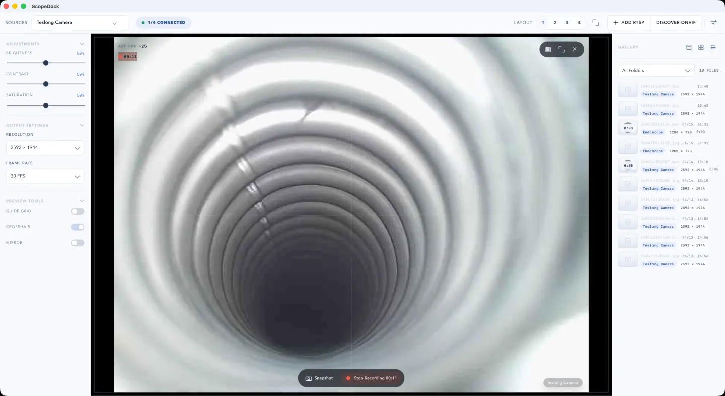 ScopeDock recording a single USB camera source on macOS