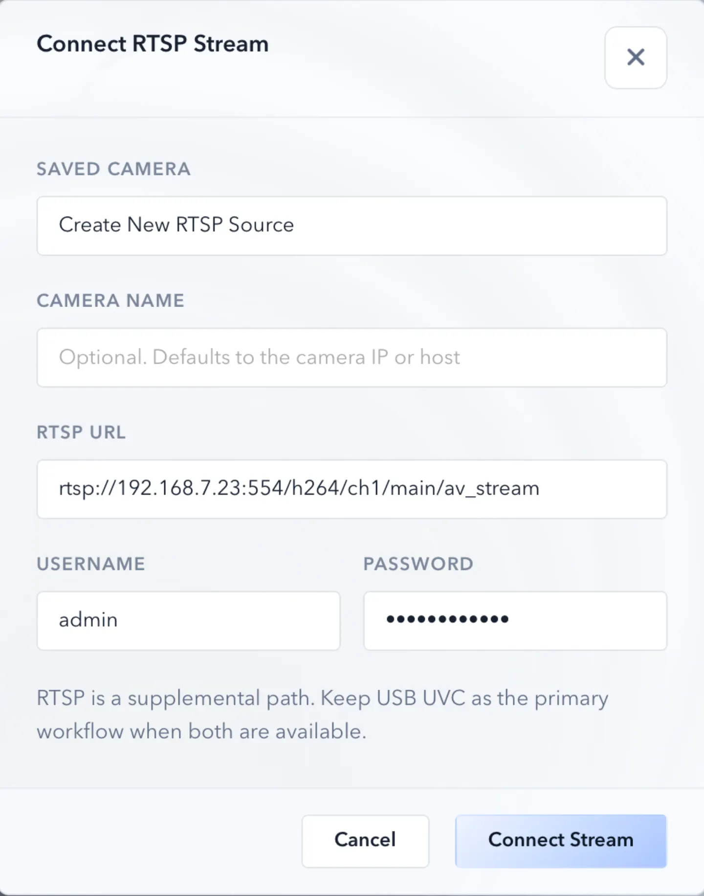 ScopeDock RTSP connection dialog on macOS