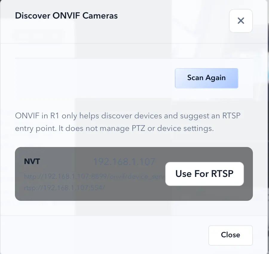 ScopeDock RTSP and ONVIF source options on macOS.