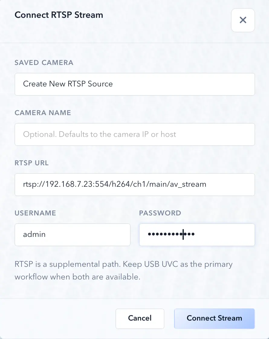 ScopeDock source setup screen for adding local and network camera sources.