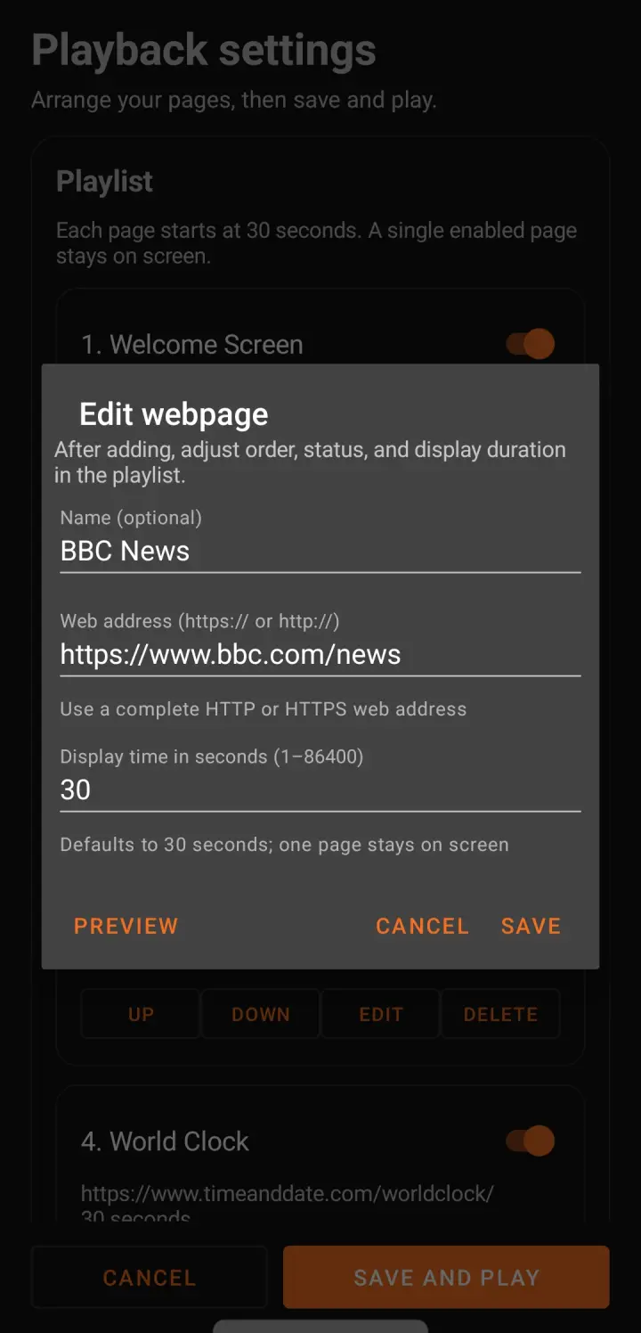 Web Launcher form for editing a BBC News webpage playlist item.