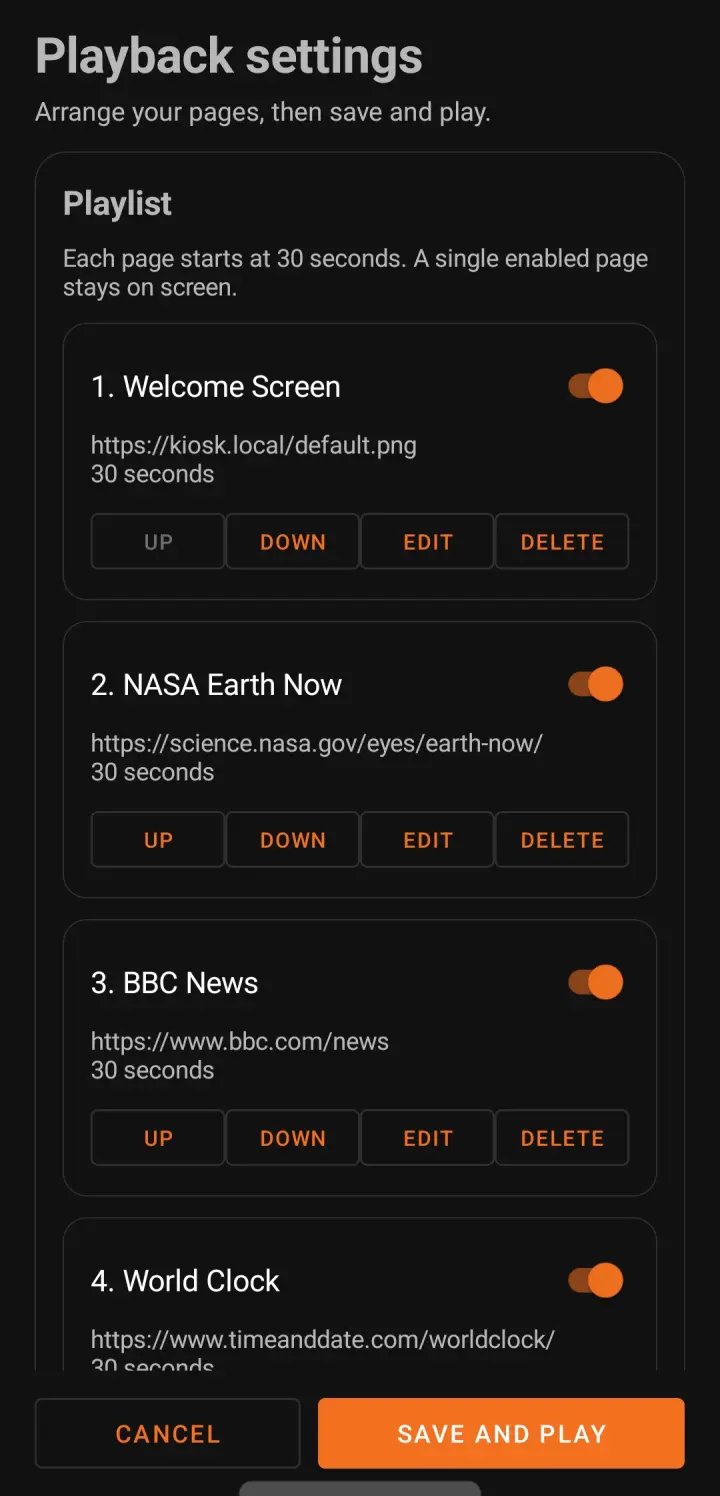 Web Launcher settings showing an ordered playlist of webpages.