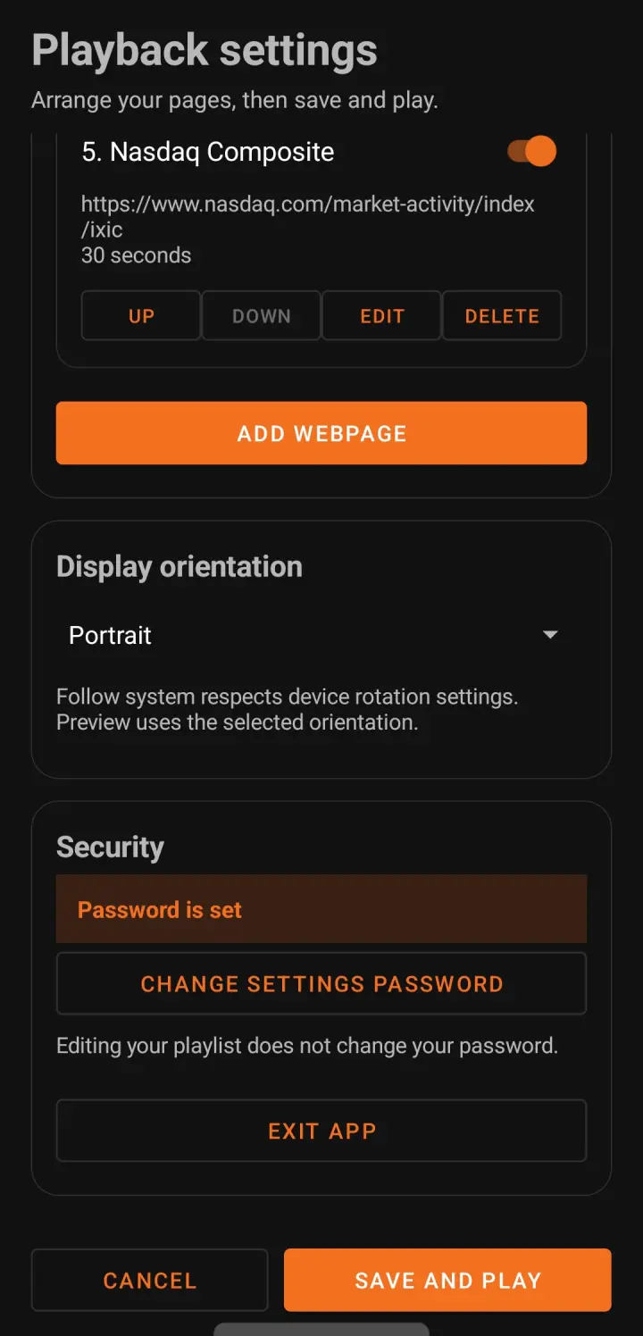 Web Launcher settings screen with display and configuration security options.