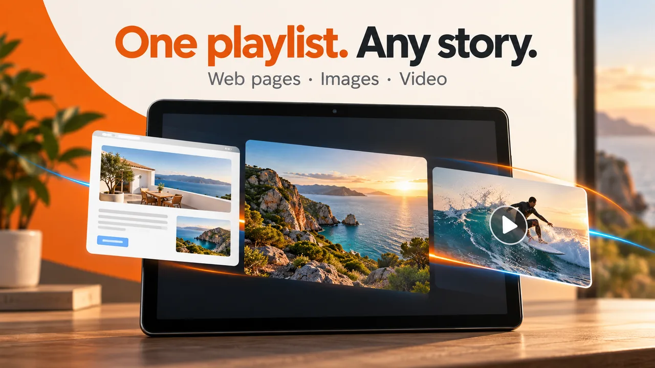 Web Launcher promotional illustration of webpages, images, and video around an Android tablet.