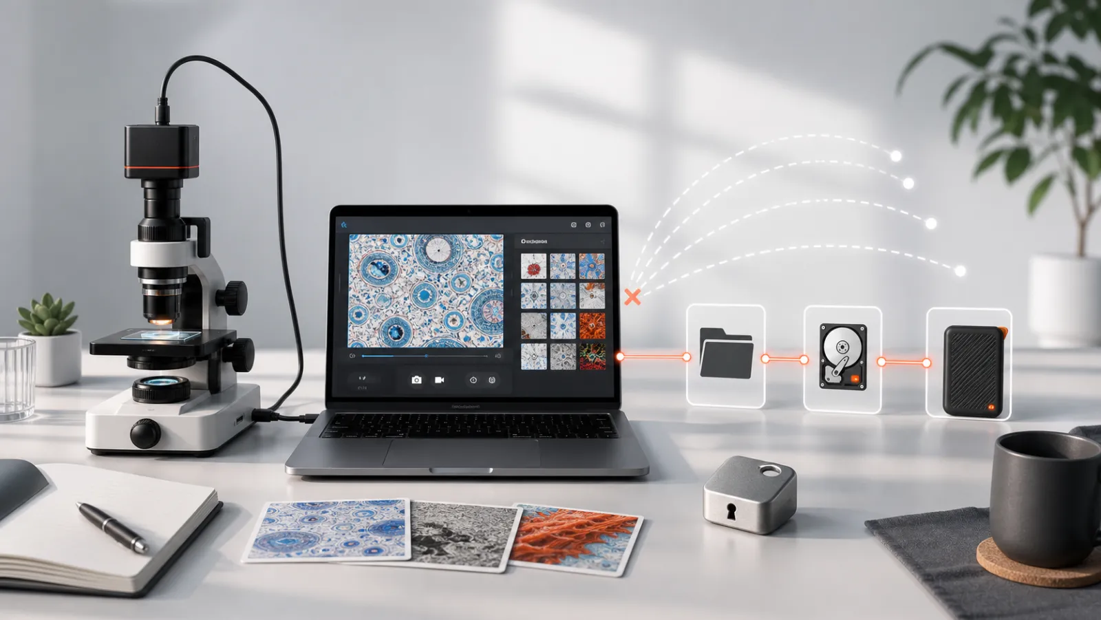 Local-first camera capture desk with microscope, laptop, and storage flow.
