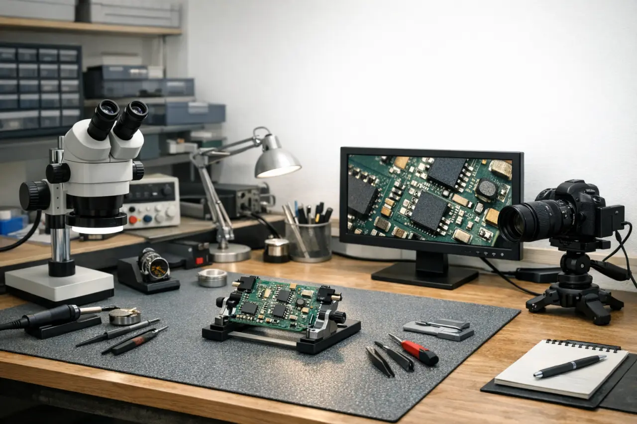 Electronics repair bench with microscope, camera, tools, and monitor.